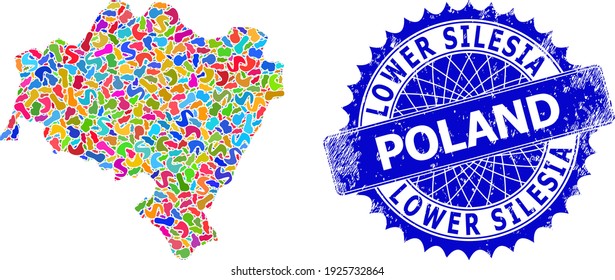 Lower Silesia Province map template. Spot mosaic map and corroded mark for Lower Silesia Province. Sharp rosette blue mark with tag for Lower Silesia Province map.