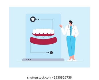 Exame dos dentes inferiores para prevenção de cárie precoce, ilustração vetorial.