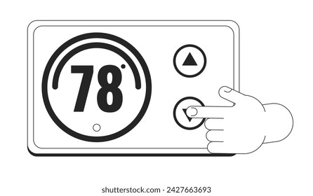 Lower temperature thermostat cartoon human hand outline illustration. Home appliance turning down 2D isolated black and white vector image. Maximize energy savings flat monochromatic drawing clip art