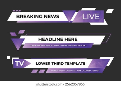 Lower third banner. Broadcast news lower third banner template design. Lower third bar template for breaking news. Video headline title