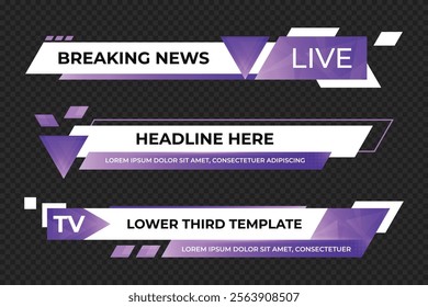 Lower third banner. Broadcast news lower third banner template design. Lower third bar template for breaking news. Video headline title