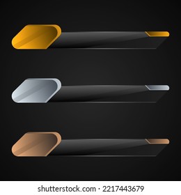 Lower third banner buttons for breaking news title, luxury gold and silver blank text label for video streaming title.