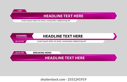 Lower third banner design. Set of lower third bar template for breaking news, sports channel, streaming video. Vector illustration