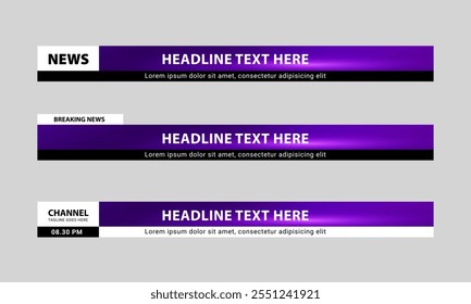 Lower third banner design. Set of lower third bar template for breaking news, sports channel, streaming video. Vector illustration