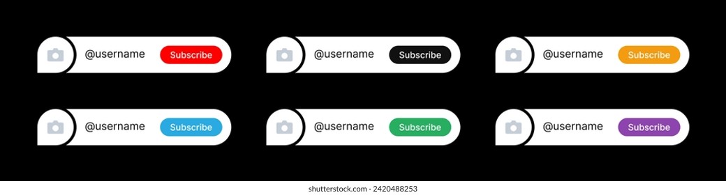 Lower third bar for social media. Template with a button with space for an icon or photo and text. Used for channels, blogs and TV. Pack of vector designs on a black background.