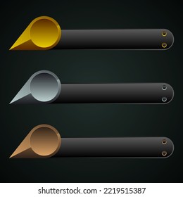 Lower third buttons for live video streaming and breaking news title, gold and silver infographic labels for video broadcast.