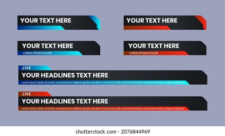 lower third collection set of news, names, titles, television vector illustration. video strip abstract shape blue and red color.