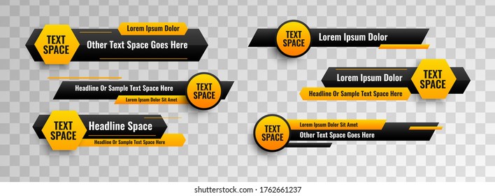 Lower third design template circle & hexagonal geometric style. Vector video headline title or television news bar design isolated on transparent background.