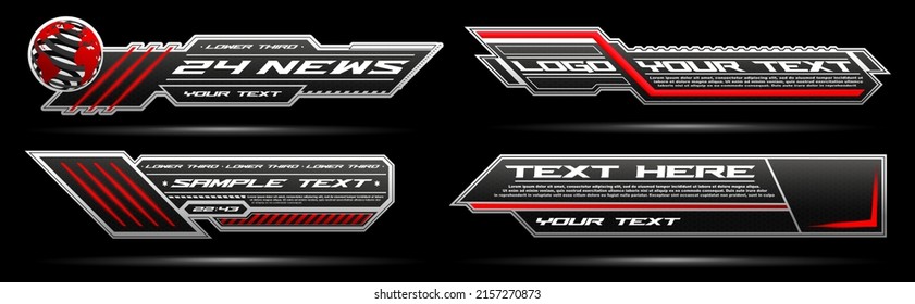 Lower Third Design. Templates For News Or Sports Panels And Bars, Streaming Broadcasts For Television. Geometric Style, Unique Video Clip Banner, Dark Style With Red Lines