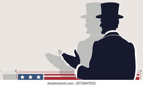 Lower third graphic for Presidents' Day featuring Abraham Lincoln's silhouette, iconic tall hat, and patriotic stars and stripes. Minimalist, elegant design for American-themed projects.