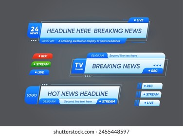 Untere dritte Header Banner für aktuelle Nachrichten und TV-Live-Broadcast-Bars, Vektorgrafik-Vorlagen. Banner der unteren dritten Kopfzeile mit Bildschirmüberschrift, Kanalrahmen mit Live-Stream-Aufzeichnung für Nachrichten