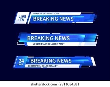 Lower third header, tv headline, news bar. Vector video title or television information lines. Modern colorful blue and white neon graphic overlay isolated template. Broadcast strips, layout with text