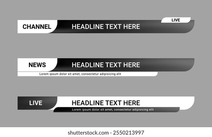 Menor tercer Anuncio de noticias. Plantilla Video de tercer bar inferior para canales de televisión, televisión y medios de comunicación. Ilustración vectorial