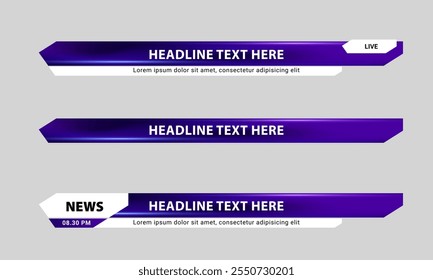 Terceiro modelo inferior de notícias para transmissão, vídeo e mídia online. Design do layout da barra de exibição da tela. Ilustração vetorial