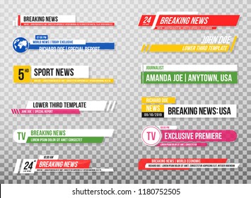 Lower third template. Set of TV banners and bars for news and sport channels, streaming and broadcasting. Collection of lower third for video editing on transparent background. Vector