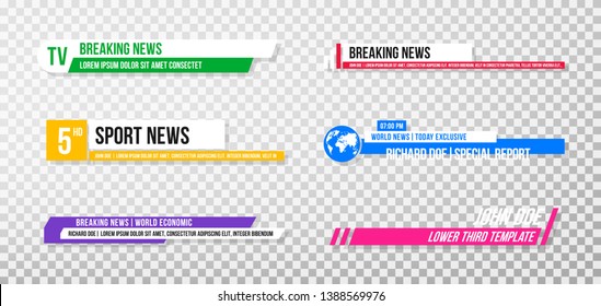 Lower third template. Set of TV banners and bars for news and sport channels, streaming and broadcasting. Collection of lower third for video editing on transparent background. Vector