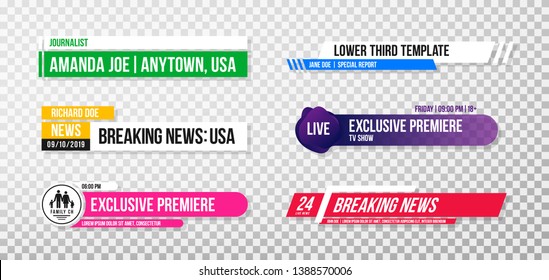 Lower third template. Set of TV banners and bars for news and sport channels, streaming and broadcasting. Collection of lower third for video editing on transparent background. Vector