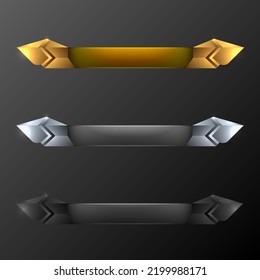 lower third title banner bar, gold, silver and metallic black border frame for game ui design