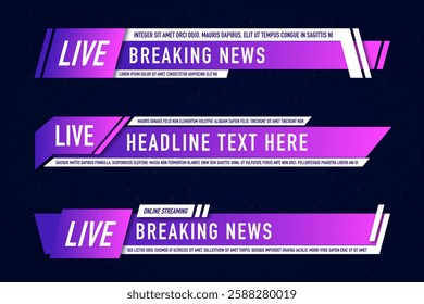 Lower third, TV broadcast tags. Lower third overlay design elements. Collection of TV headers and bars for news and sports channels, online streaming services, and broadcasting. Vector