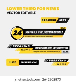 Lower third tv header, headline and news bars. Vector modern colorful black and yellow. video title or television news bar isolated template.