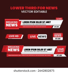 Lower third tv header, headline and news bars. Vector modern colorful red and white. video title or television news bar isolated template.