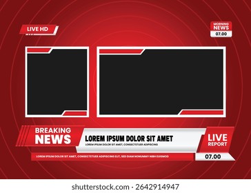Cabeçalho da terceira TV inferior, manchete e barras de notícias, relatório ao vivo terceira inferior. Vetor moderno colorido vermelho e branco. título de vídeo ou barra de notícias de televisão modelo isolado.