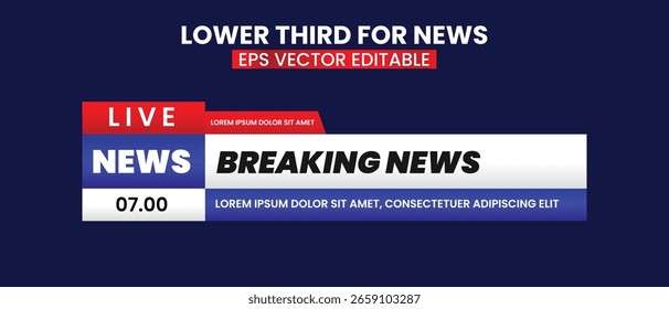 Cabeçalho da terceira tv inferior, manchete e barras de notícias. Vetor moderno colorido vermelho azul branco. título do vídeo ou barra de notícias da televisão modelo isolado.