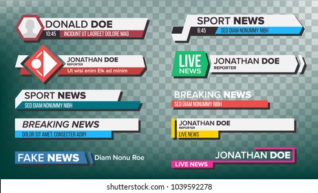 Vector de conjunto de barras de noticias de la tercera parte inferior de TV. Últimas noticias, noticias deportivas. Etiquetas De Medios Para Televisión. Ilustración aislada