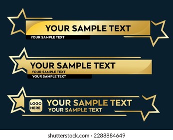 Unteres drittes Vektordesign mit Gold-Star-Overlay-Strip-Textvideo. News Lower Thirds Pack Template. Vektorgrafik.	
