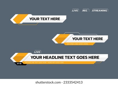 Unteres drittes Vektordesign mit gelbem Überlagerungstext-Video. News Lower Thirds Pack.