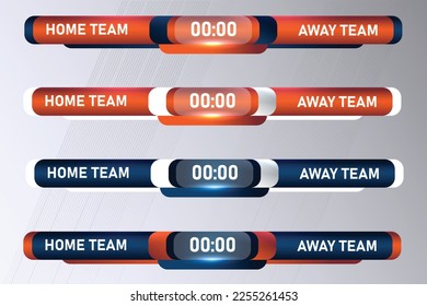 Lower thirds sports scoreboard broadcast, home team and away team color red blue 