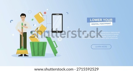 Lower Your Digital Footprint with Mobile Cleanup. Digital footprint reduction with person deleting data from smartphone to trash bin. privacy, data management, and online security. Vector illustration