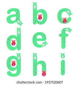 Alfabetos ABC en minúsculas. Letras florales con mariposas y patrones de tulipán. Caracteres verdes turquesa. Alfabeto vectorial para crear las artes de la palabra. Material de ilustración. Colección de letras de primavera.