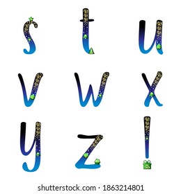 Lowercase ABC letters. Christmas alphabets. Snow xmas tree gifts snowman. Cute cap glove and sock. Winter night sky gradient characters. Glitter stars, dangling ball, bell ornaments vector.