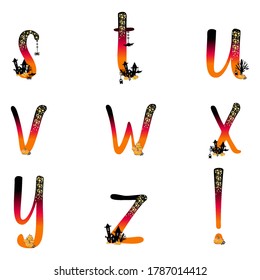 Lowercase ABC letters. Halloween alphabets. Spooky boo haunted house. Tree and pumpkins. Evening sky gradient characters. Glitter stars moon. Dangling scary skull, spider and bat. Story book letters.