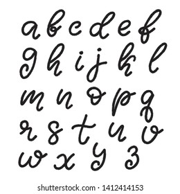 Lowercase alphabet in English. Hand drawn typeface, lettering script font. Letters handwritten in modern calligraphy style for logo design, poster, print. Vector illustration EPS10.