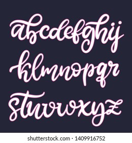 Lowercase alphabet. Hand drawn typeface, lettering script font. Neon pink letters handwritten in modern calligraphy style for logo design, poster, print. Vector illustration EPS10.
