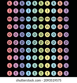 lowercase alphabet on colored circle background. 