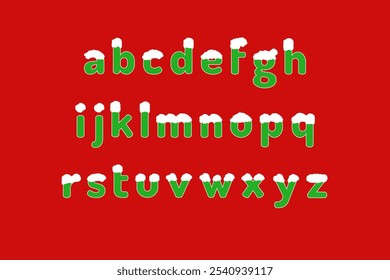 Lowercase alphabet with snow capped effect with green on red background. Christmas and New Year celebrations concept.