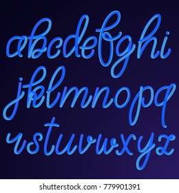 Lowercase Blue Hand Drawn 3D Letters Isolated On Dark Background. Vector Illustration. Latin Alphabet