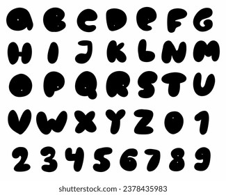 Lowercase bubble black english latin abc alphabet font A to Z and digits 0 to 9 set. Vector illustration in doodle hand drawn style isolated on white background. For learning, typography, card.