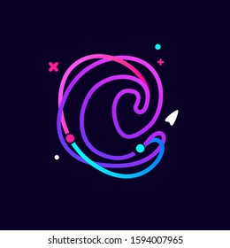 Lowercase c letter logo with planets, rocket and orbits lines. Vibrant lines vector template for science, biology, physics, chemistry design.