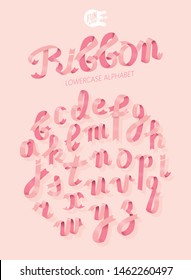 Lowercase Feminine Ribbon Alphabet. 3D ABC. Isometric Pink Font. Vector Type