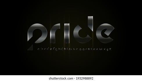 Lowercase futurism alphabet with cropped letters. steel metal texture font. Industrial type for modern futuristic logo, forbidden headline, darkness and secret text. Vector typographic design