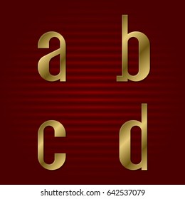 Lowercase gold font. Isolated a, b, c, d golden letters.