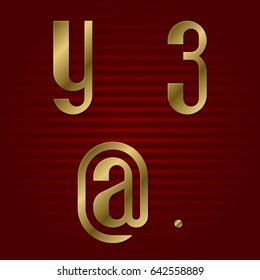 Lowercase gold font. Isolated y, z golden letters, commercial at and point.