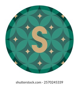 Lowercase gold letter s placed on a vibrant green floral geometric motif, ideal for artistic projects, web design, or custom branding visuals.