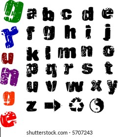 Lower-case grunge letters and symbols