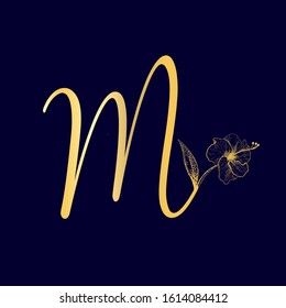 Lowercase handwriting lettering with decorative floral elements. Alphabet initials golden sign isolated on dark blue background. Elegant, luxury, wedding, boutique style.