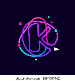 Lowercase k letter logo with planets, rocket and orbits lines. Vibrant lines vector template for science, biology, physics, chemistry design.